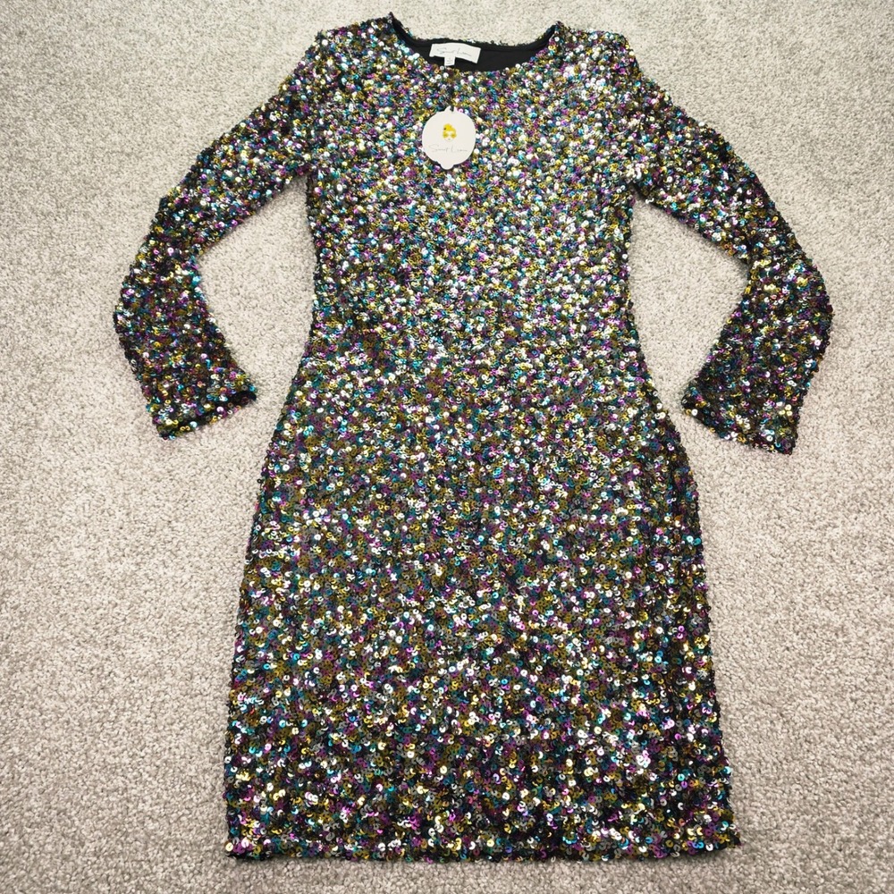 New Sweet Lemon Womens Multicolor Sequin‎ Long Sleeve Mini Dress NWT Size L